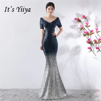 

Evening Dress It's Yiiya DX370 Illusion O-Neck Crystal Mermaid Robe De Soiree Sequined Floor-Length Women Party Dresses