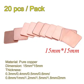 

20Pcs 15*15mm 0.3/0.4/0.5/0.6/0.8/1mm Heatsink Heat Sink Pure Copper Shim Thermal Pad for Laptop IC Chipset GPU CPU Graphic Card