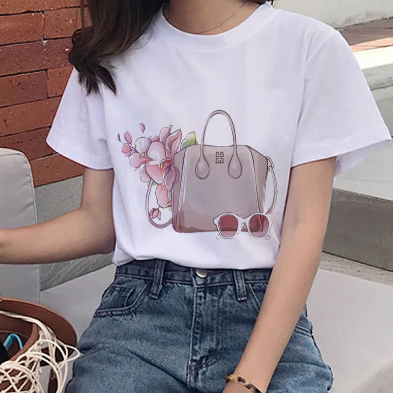 Новая модная сумка и с изображением собаки, футболки Harajuku Для женщин Модная футболка с О-образным вырезом с короткими рукавами, белые женские рубашки-топы Костюмы