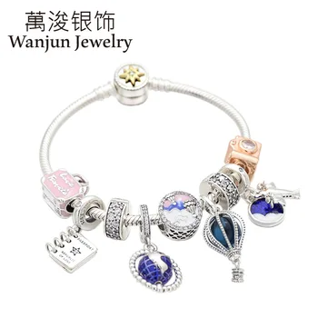 

Wanjun Jewelry 100% 925 Sterling Silver Dream Trip Bracelet Set Love Compass Travel String Decoration Finished Product Pendant