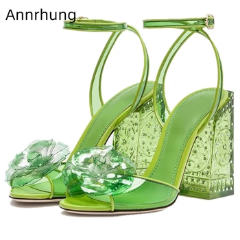 

Jelly Color Handmade Flower Banquet Shoes Woman Jeweled Crystal Square Heel Ankle Strap Transparent PVC Sandals Women
