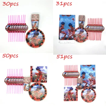 

51pcs/lot Ladybird Disposable Tableware Mining Pixel Game Birthday Party Plate Cup Napkin Straw Tablecloth Decorations Supplies