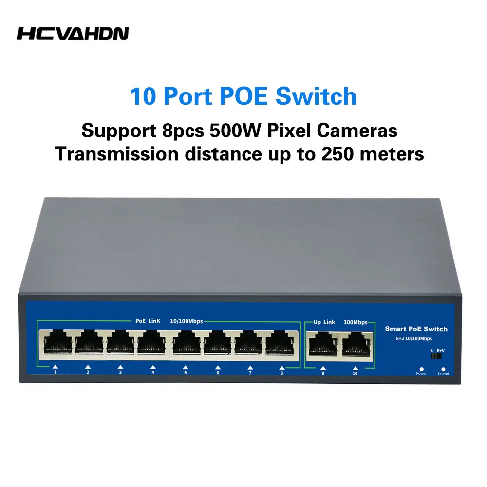 8Port POE Ethernet Switch 52V VLAN 10/100Mbps IEEE 802.3 Af/at Standard Network Switch POE for CCTV IP Camera Wireless AP 250M