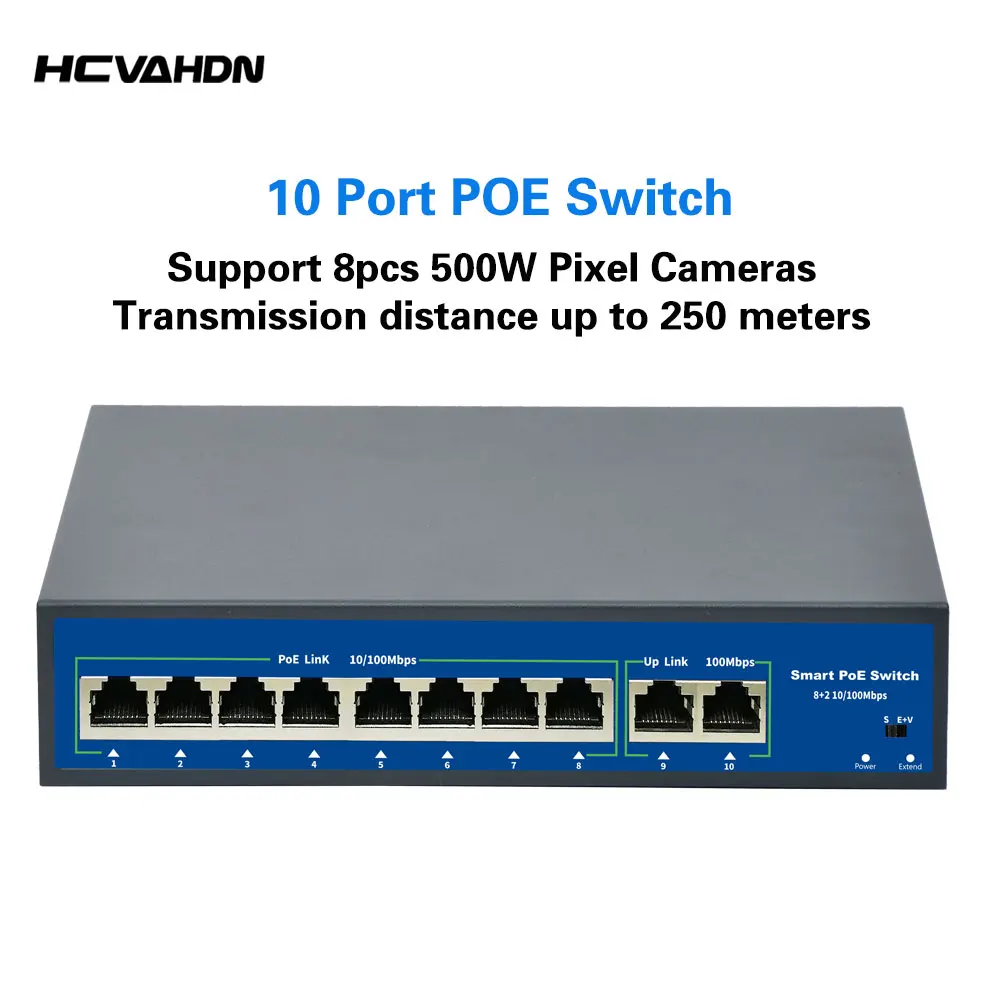 

8Port POE Ethernet Switch 52V VLAN 10/100Mbps IEEE 802.3 Af/at Standard Network Switch POE for CCTV IP Camera Wireless AP 250M