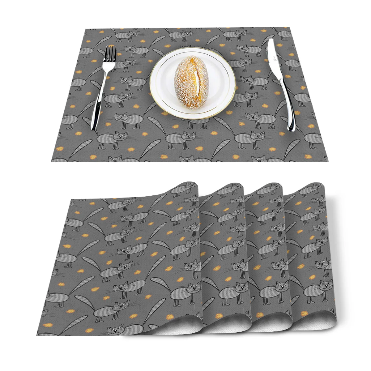Gray Cat Animal Stripes Placemat Washable Cotton Linen Table Cloth Pad