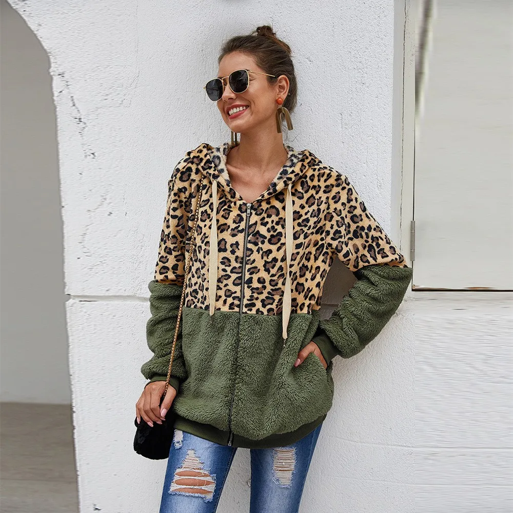 Womens Zipper Faux Fur Coat Leopard Solid Hoodies Autumn Winter Casual