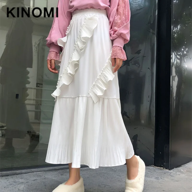 KINOMI осень зима женские элегантные гофрированные длинные юбки с высокой талией Harajuku тюлевые трапециевидные юбки до середины икры для вечеринок