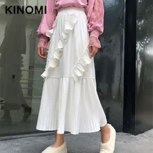 KINOMI осень зима женские элегантные гофрированные длинные юбки с высокой талией Harajuku тюлевые трапециевидные юбки до середины икры для вечеринок