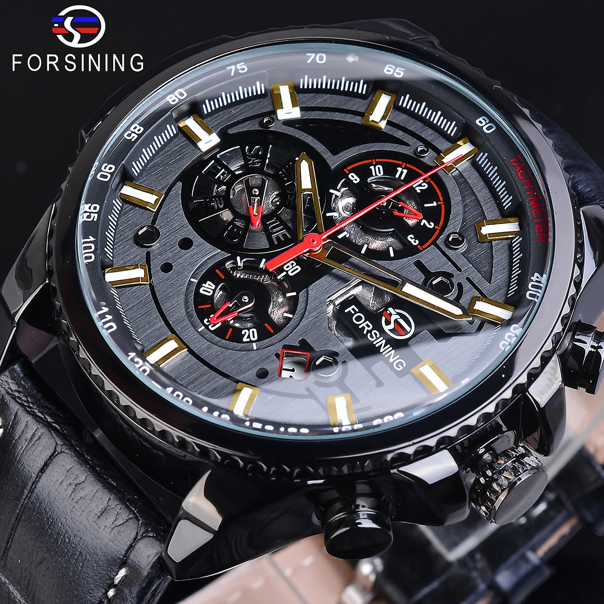 

Forsining 2019 Design Black Leather 3 Dial Multifunction Mechanical Sport Automatic Military Watches Top Brand Luxury Male Clock