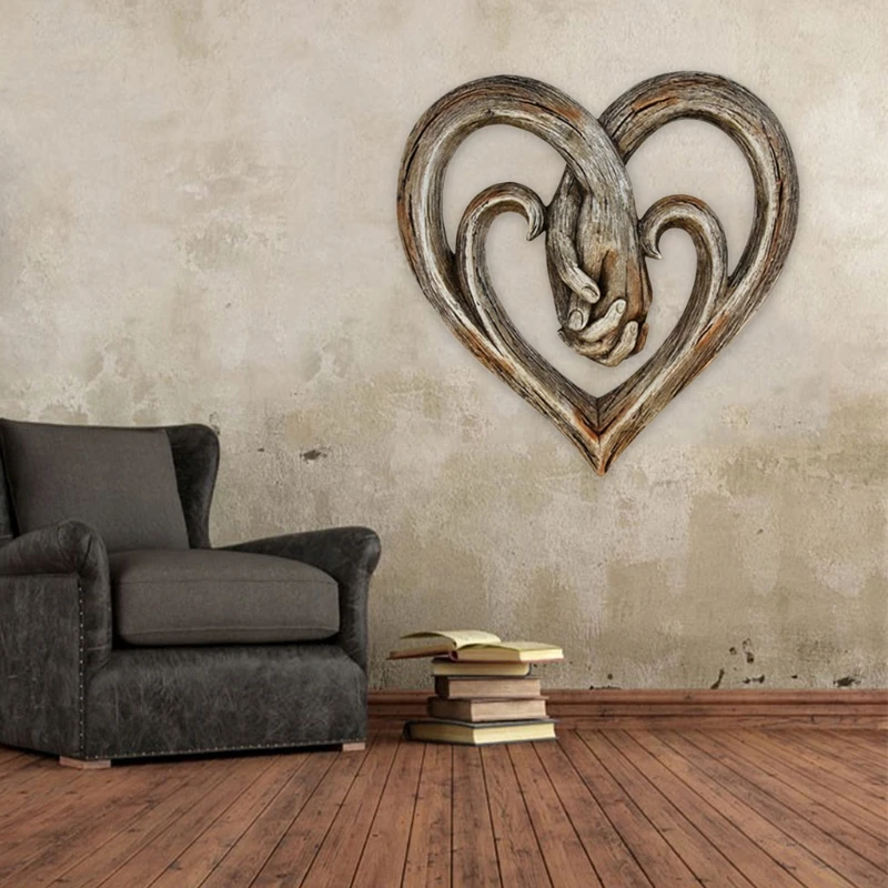 Heart Holding Hands Wall Decor Resin Imitation Wood Decorative Art