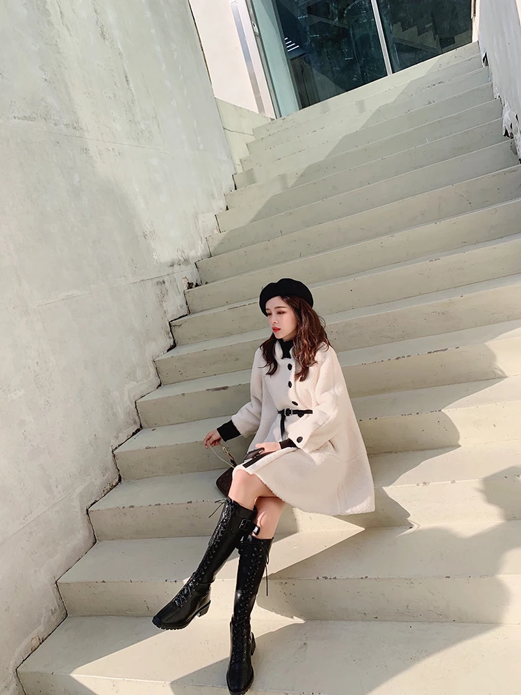 MISHOW Winter Thick Solid Standing collar Lambswool Coat Women Causal Single-breasted Belt Warm Fur Jacket MX19D8329