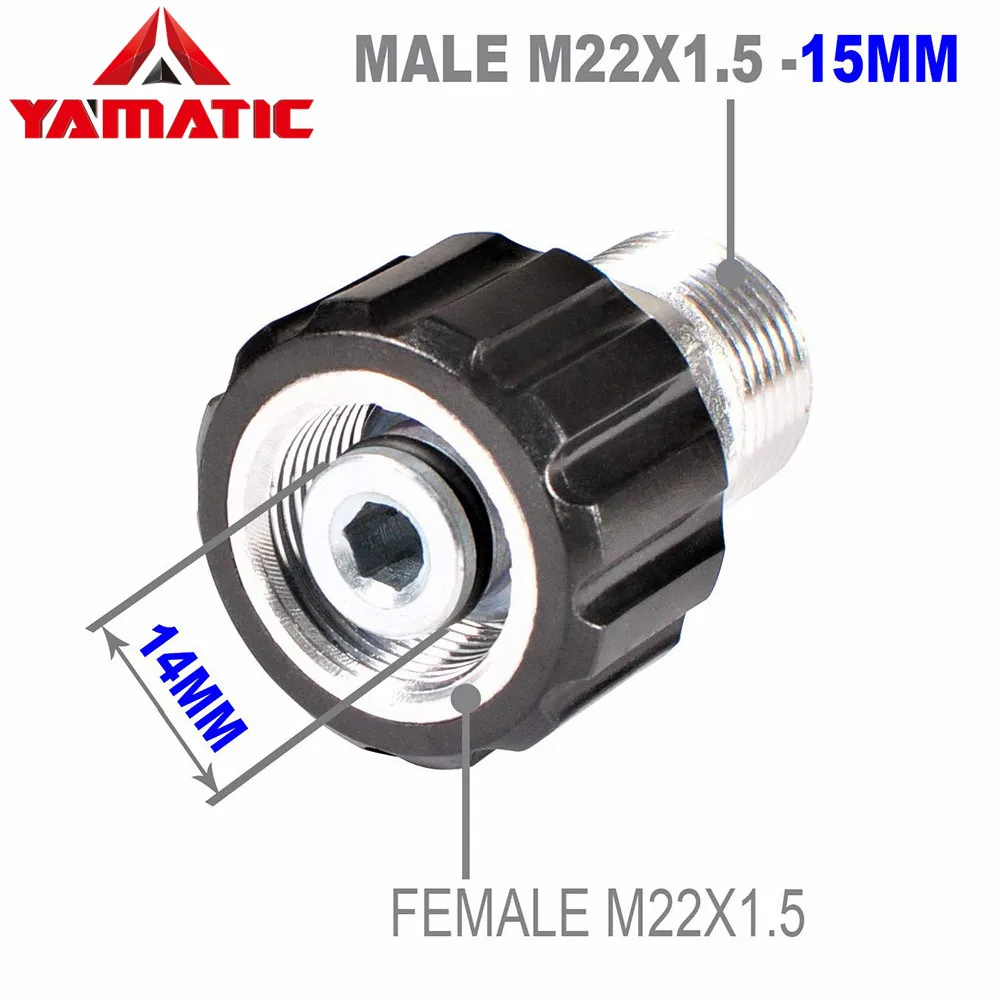 

YAMATIC High Pressure Washer Adapter Metric M22-14mm Female Thread to M22 15mm Male Fitting 4000 PSI For 15mm Hose Extension