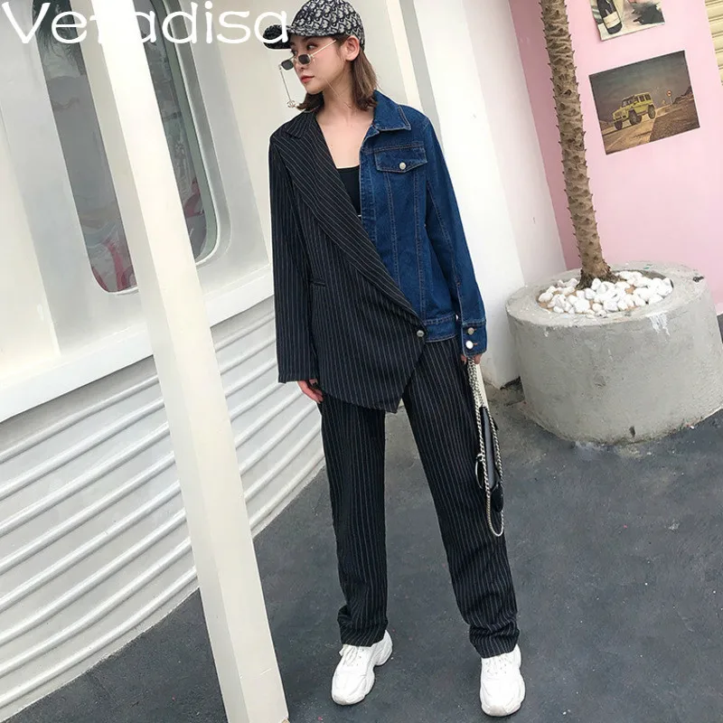 

Vefadisa Autumn Woman Irregular Striped Suit Stitching Denim Coat Full Sleeve Asymmetric Length Patchwork Coat 2019 QYF057