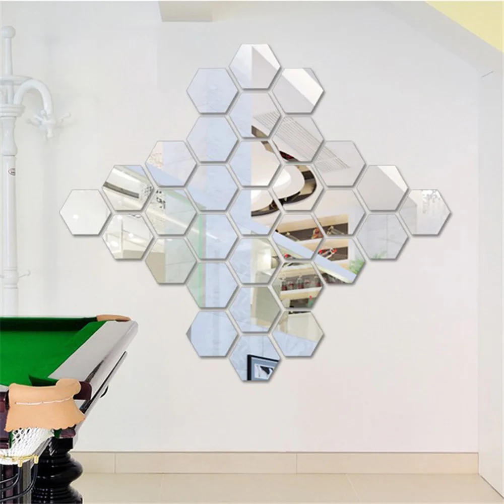 12Pcs 3D Hexagon Acrylic Mirror Wall Stickers DIY Art Wall Decor Stickers Living Room Mirrored Sticker Gold Silver Home Decor