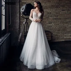 Fivsole A-Line Long Sleeves Tulle Wedding Dresses Scoop With Applique Beaded Bride Gown Princess Party Dress Beach Back Buttons