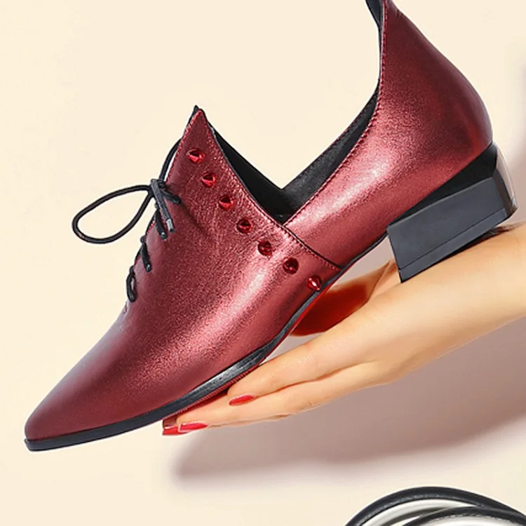 

2018 Autumn New Style shen kou xie Women's Genuine Leather British Style Lace-up Low Heel with Chunky Heel Pointed Rivet WOMEN'S