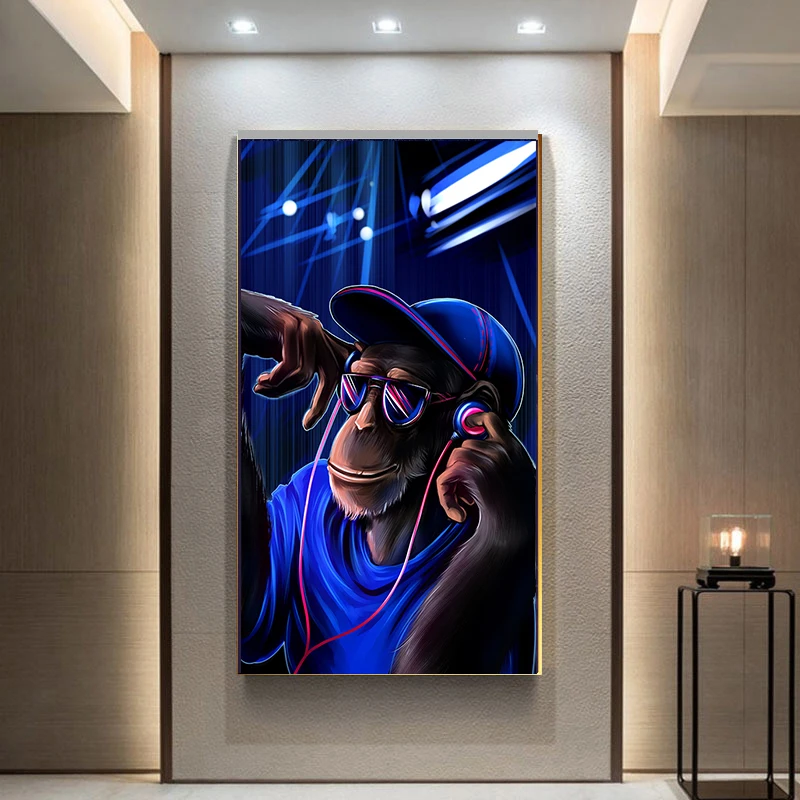 MUTU-Canvas-Painting-monkey-with-headphones-listening-music-On-Headphones-Prints-And-Posters-Wall-art-Picture (2)