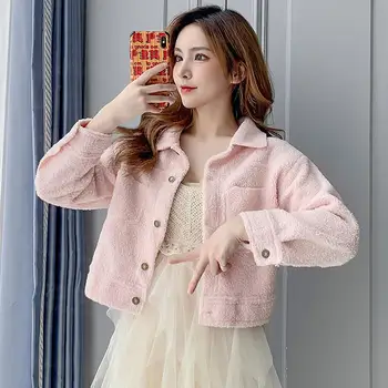 

Plush Fleece Coat Women Winter Fluffy Fashion Casual Soft Warm Solid Lapel Button Fake Fur Wollen Coat Female Overcoat