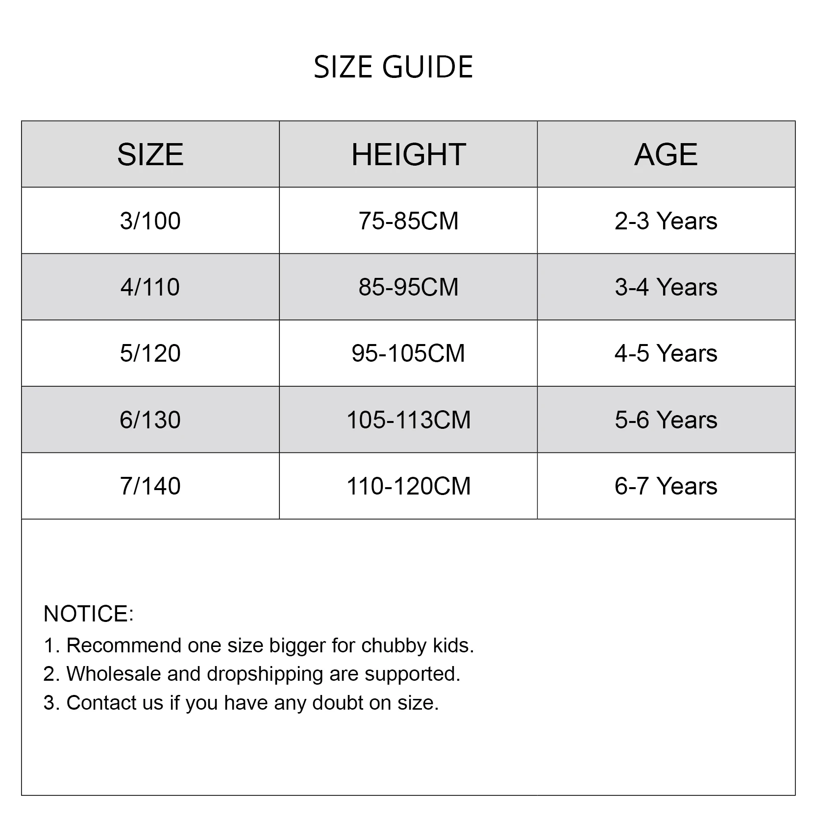 Original supplier height and age size reference