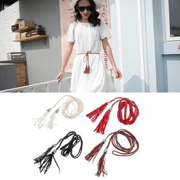 

Chic Ladies Women Braided Belt PU Leather Tassel Self-Tie Thin Waist Rope Belt