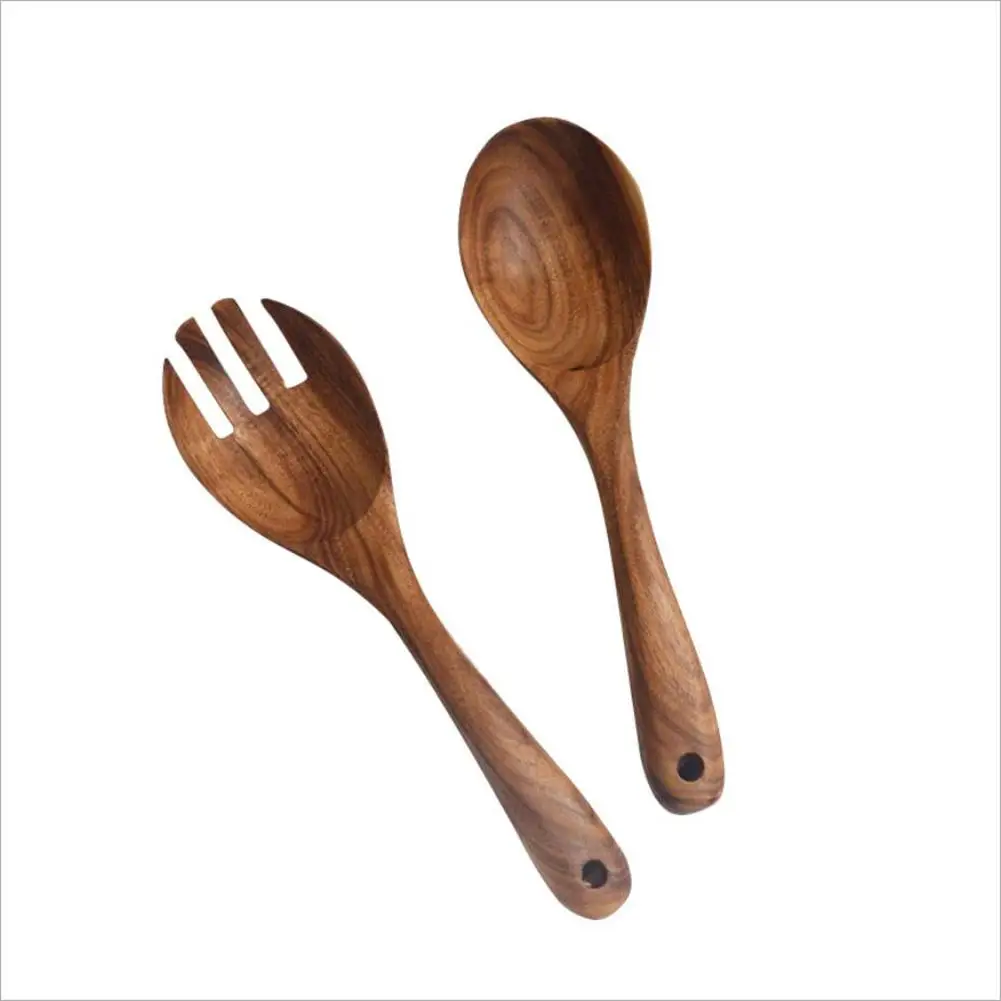 2PCS/Set Fork And Spoon Wooden Salad Servers Acacia Utensils Cooking Spoons Cultery Kitchen Tools - Цвет: Цвет: желтый