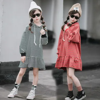 

Girl Loose Striped Dress Autumn Clothing 2019 Long Sleeve Children's Garment Hooded Dresses