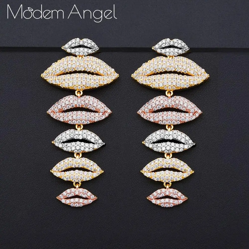 ModemAngel модные кубические циркониевые Губы формы большие длинные серьги для