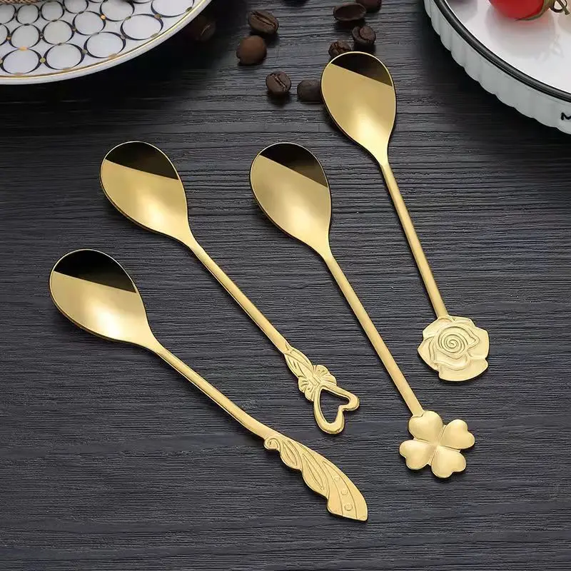 

304 Stainless Steel Coffee Stirring Spoons Love Rose Petals Titanium Gold Colorful Dessert Ice Cream Spoon Giveaway