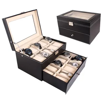 

Newly 20 Compartments Dual Layers Elegant Wooden Watch Collection Box Black VA88