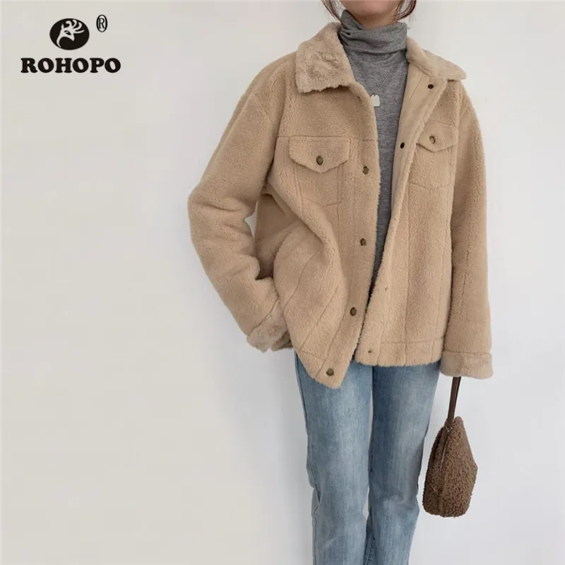 

ROHOPO Lapel Collar Buttons Fly Fleece Soft Autumn Khaki Jacket Top and Side Welt Pockets Side Solid Warm Outwear Coat #285