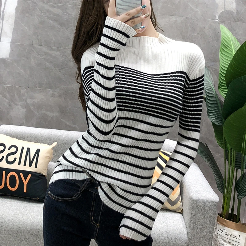 Turtleneck Ribbed Women Sweater High Elastic Stripe 2019 Fall Winter Sweater Women Slim Sexy Knitted Pullover Green White jumper
