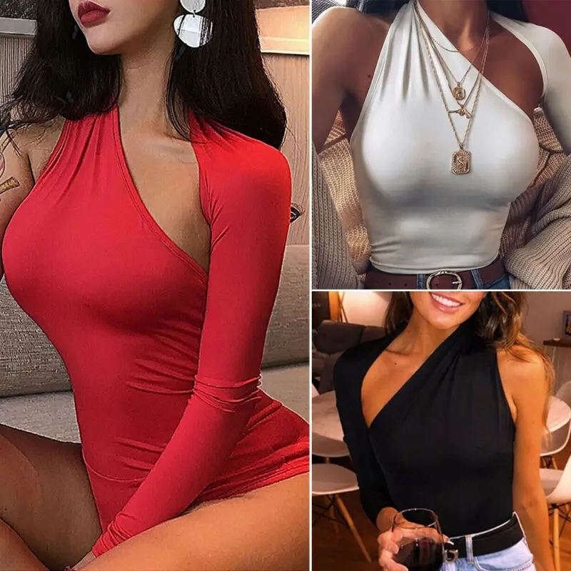 Womens Long Sleeve Bodysuit One Shoulder Leotard Spring Autumn Slim Fit Bodycon Bandage Jumpsuit Tops Sexy Jumpsuit Club Wear