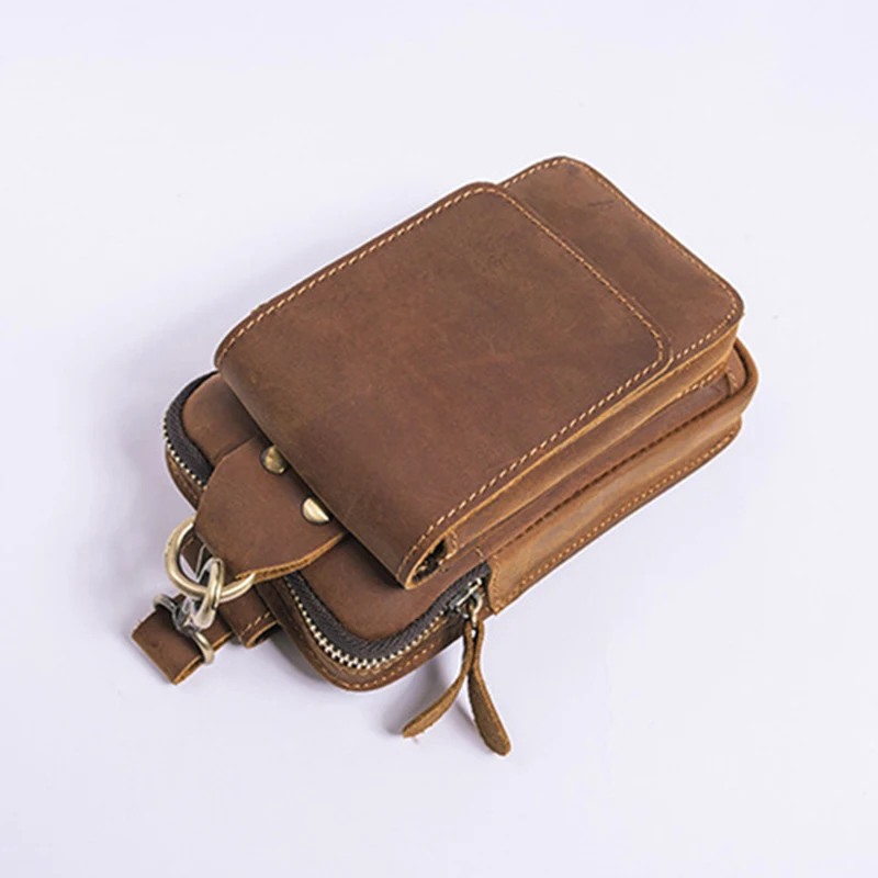 Men Genuine Leather Cell/Mobile Phone Waist Fanny Pack Cigarette Case Pouch Hook Male Crazy Horse Cowhide Hip Bum Belt Bags
