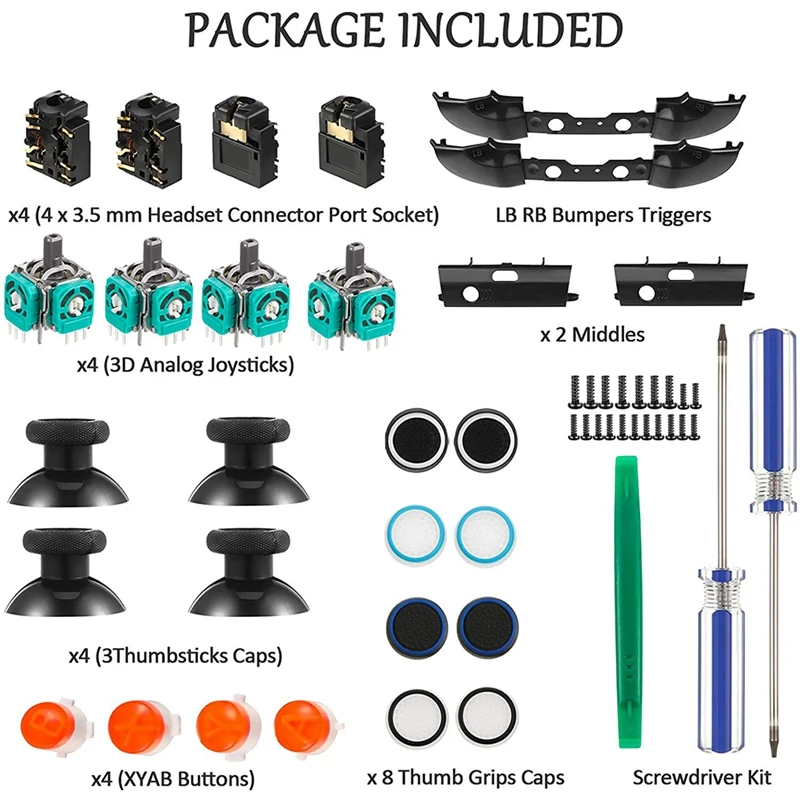 Replacement Game Controller Kit, Thumbsticks Grips Cap, Joystick,Bumpers, ABXY Buttons, For  ONE S Controller 1708