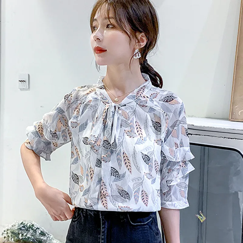

Korean Chiffon Blouses Women Floral Blouse Tops Plus Size Blusas Mujer De Moda 2020 Woman Print Ruffles Blouse Top Camisas Mujer
