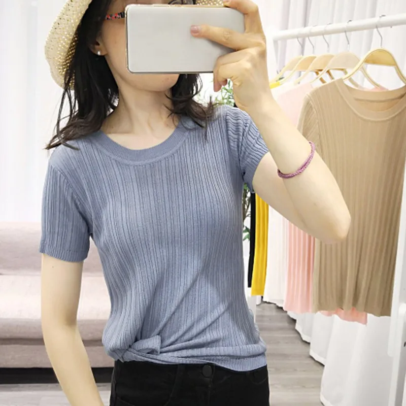 

Women Solid Color Loose Casual Tops Female Ladies Round Neck Knit T-Shirt camiseta mujer Ice Silk Summer Short Sleeve Tshirt