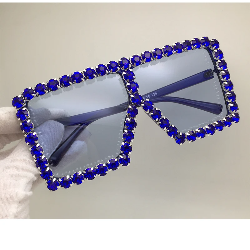dark blue crystal Большие Квадратные Солнцезащитные очки женские модные желтые синие Красные кристаллы стразы Солнцезащитные очки женские плоские очки большие тени УФ - Цвет линз: dark blue crystal