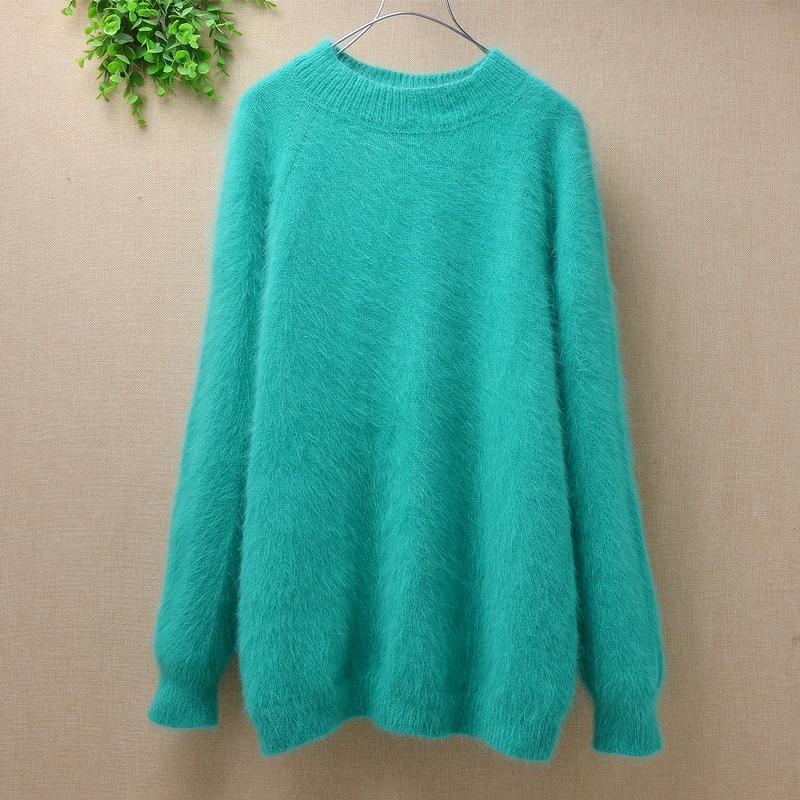 

Casual female women slim genuine mink cashmere warm angora rabbit fur hand knitwear o-neck basic pullover winter sweater blouses