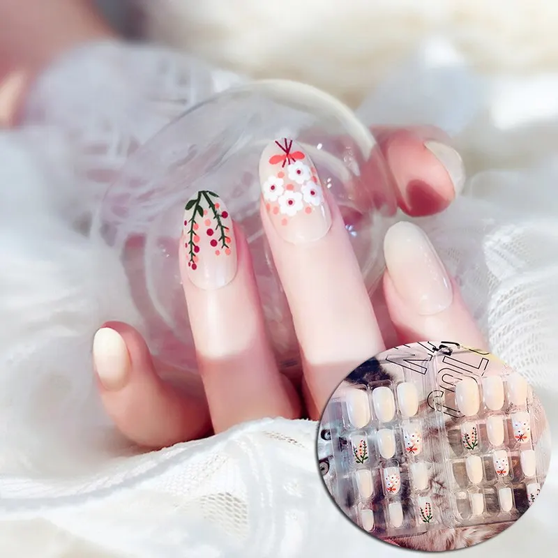 

AACAR 24pcs Tips Art Design Fake Nails Beautiful Flowers French Printing False Nail