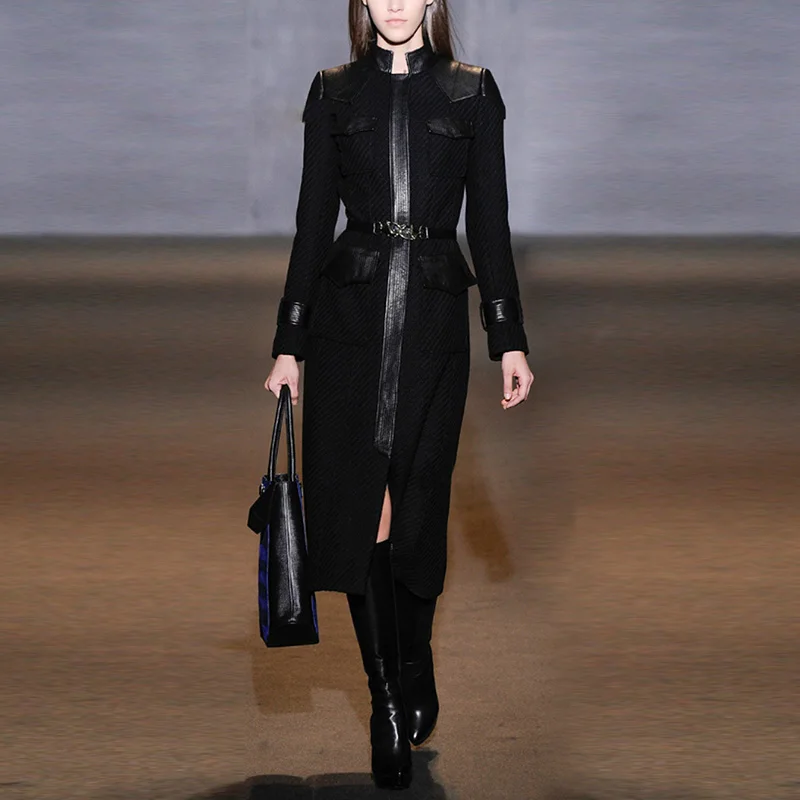 

Black Vintage PU Leather Patchwork Wool Coat For Women Autumn Winter 2019 Thicking Slim Long Jacket Women Fashion abrigo mujer