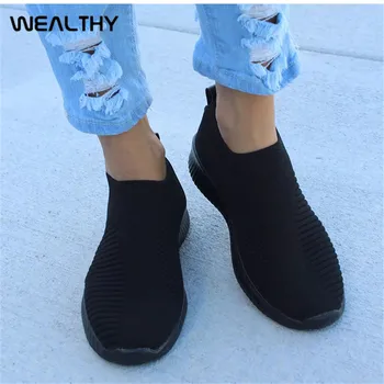 

WEALTHY Women Casual Shoes Light Sneakers Breathable Mesh Summer Knitted Vulcanized Shoes Outdoor Slip-On Sock Shoes Plus Size