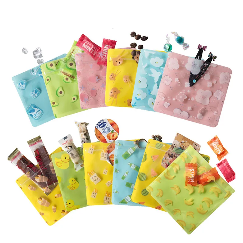 100pcs Cartoon self-sealing bag cute small gift wrapping bag small bag mini biscuit snack food sealed bag transparent