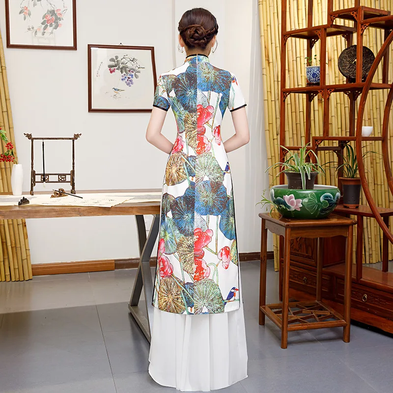 Белый плюс размер 4XL 5XL Китайский традиционный Женский Aodai цветочный принт Qipao винтажный Чонсам Новинка китайское торжественное платье