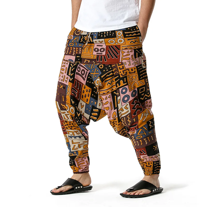 Mens Cotton Linen Joggers Sweatpant Hipster African Print Baggy Harem Pants Men Casual Hip Hop Streetwear Sports Trousers Male