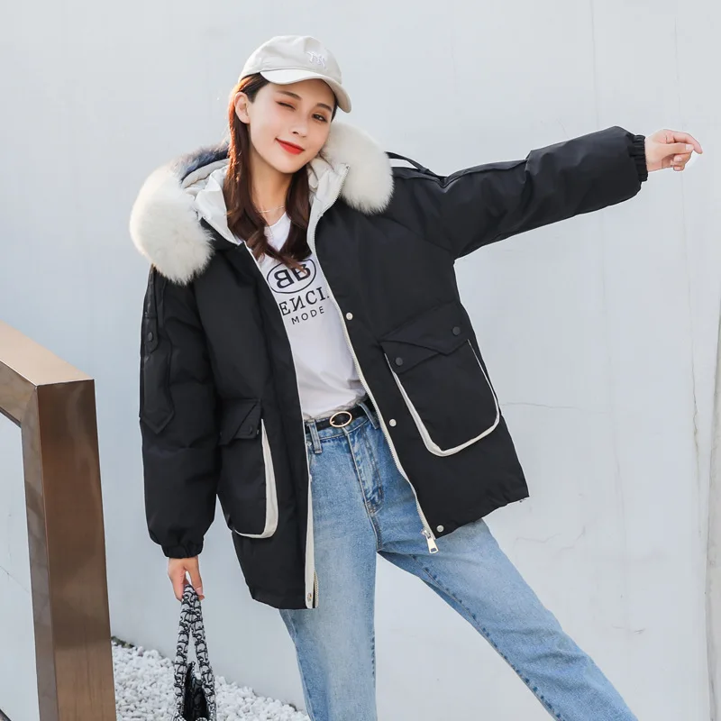 

2020 Winter New Down Jacket Women's Fashion All-Match Hooded Big Fur Collar Thickened Small Long-Sleeved Solid Color Overcoat