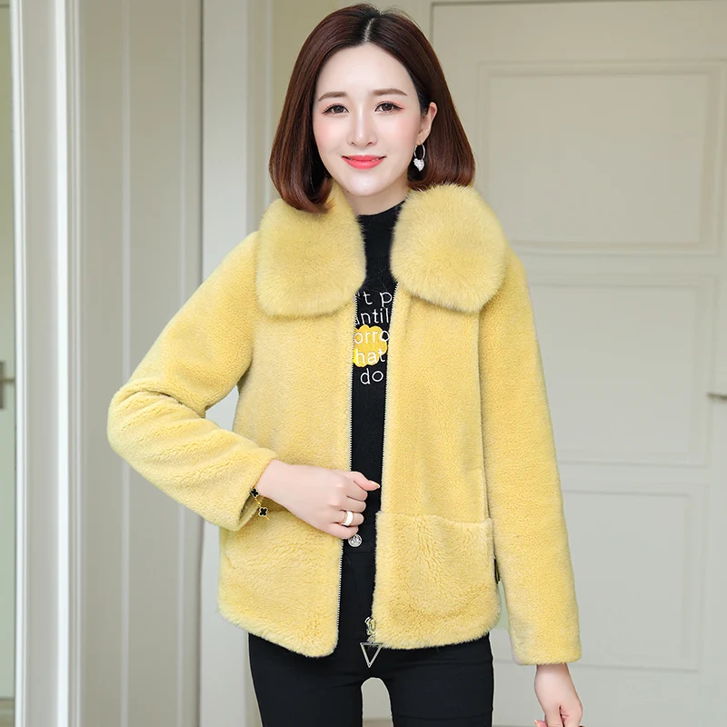 Light Yellow Лисий меховой воротник из натурального меха, шерстяная куртка, осенне-зимнее пальто, женская одежда, Корейская винтажная овечья шерсть, женские топы ZT3745 - Цвет: Light Yellow