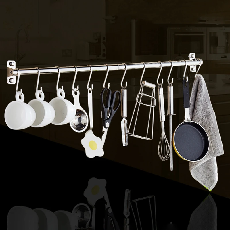 HOT SALE Diy Stainless Steel Kitchen Rack Wall Mounted Kitchen Hanger Bathroom Holder Hanging Rod Organizer Multi-Function Rod w