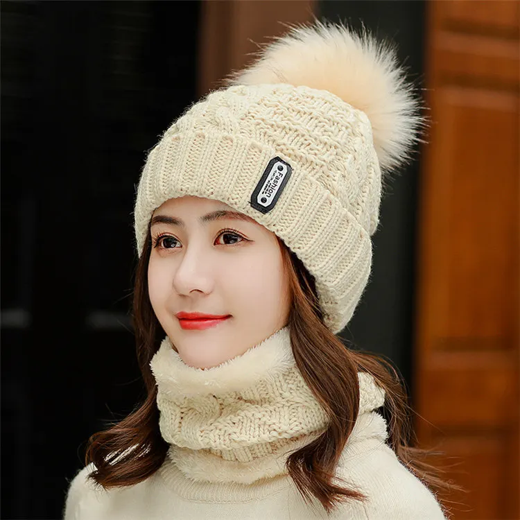 set beige Фирменная новинка зимние Шапки Для женщин Бархат Теплый японский Стиль шапочки Skullies головной убор Женский Осенний толстый ветрозащитный вязаный шерстяной берет шапки - Цвет: set beige