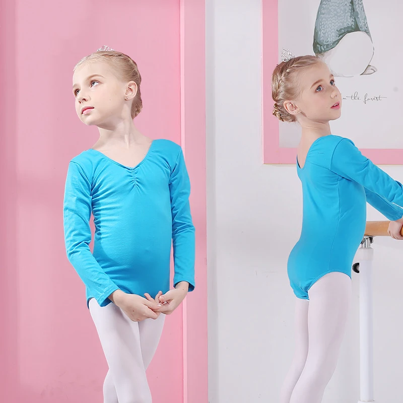 long sleeves Детское платье-пачка для маленьких девочек; хлопковая одежда для латинских танцев; облегающая одежда с длинными рукавами и v-образным вырезом для гимнастики; цельнокроеное балетное платье - Цвет: long sleeves