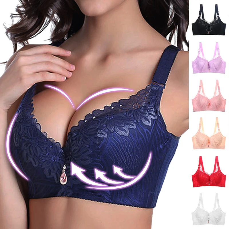 

CALOFE Sexy Deep V Bra Push Up Brassiere Floral Lace Big Size Coverage Bras Non Padded Lingerie 3/4 Cup Underwear For Women